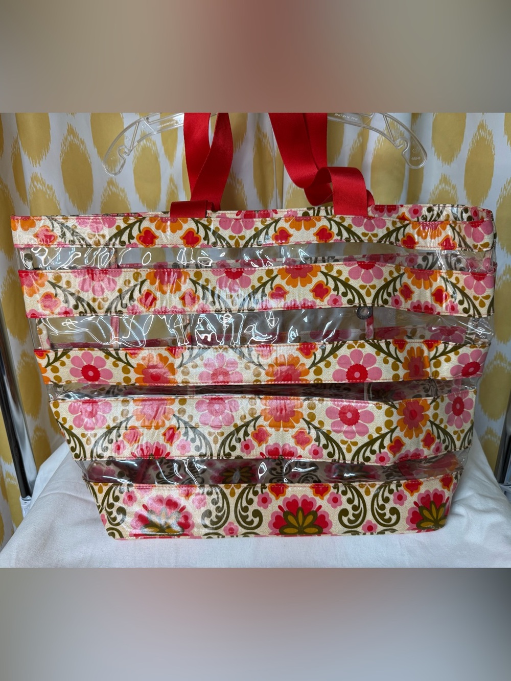 Vera Bradley Floral Clear-Strip Tote Bag with Pink Handles